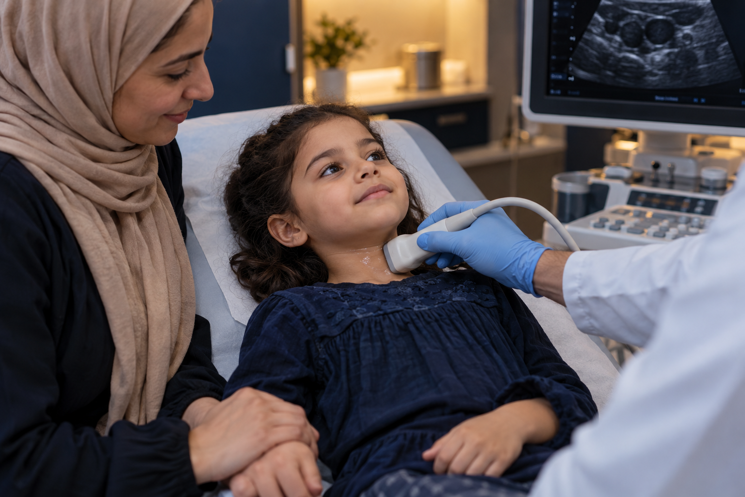 تشخيص الكيس الدرقي اللساني بالسونار: مشهد تعبيرى لفحص رقبة طفلة