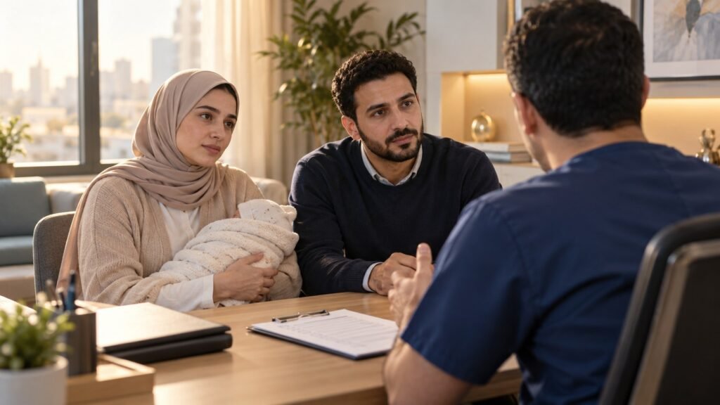 استشارة الأهل عن الإحليل السفلي قبل الطهارة — صورة سينمائية تعبيرية مولّدة