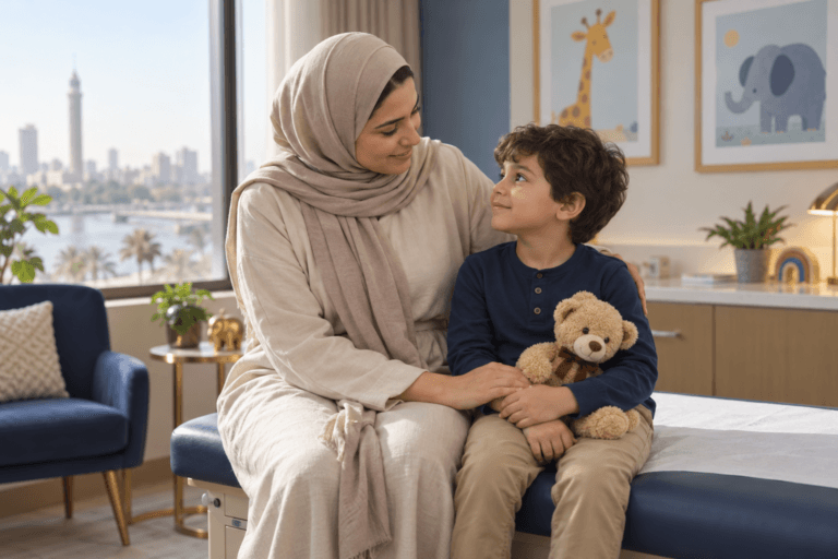 أم تطمئن طفلها استعدادًا للعملية الجراحية — صورة تعبيرية مولّدة
