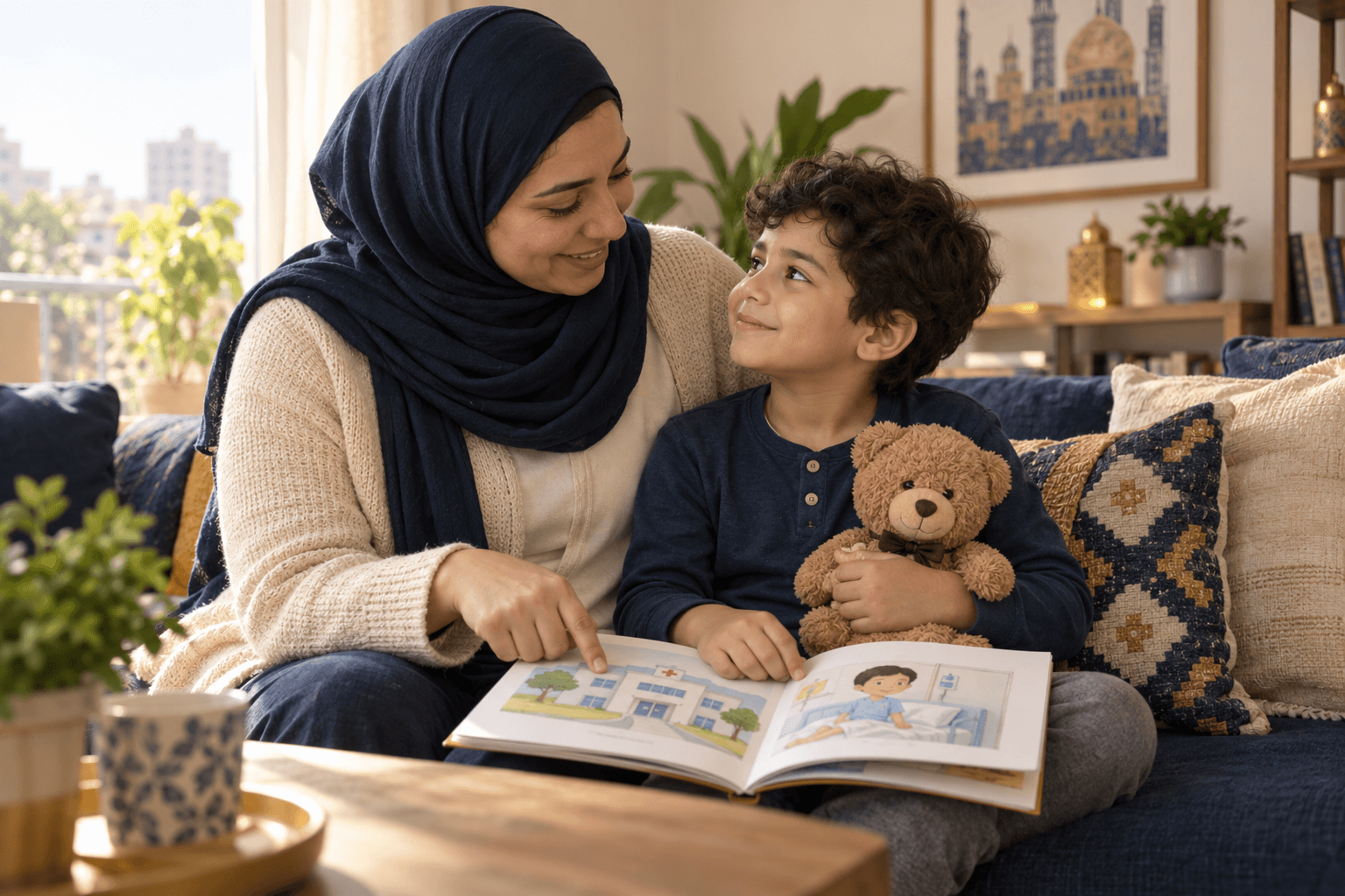 أم تقرأ مع طفلها قصة عن المستشفى لطمأنته قبل الجراحة — صورة تعبيرية مولّدة