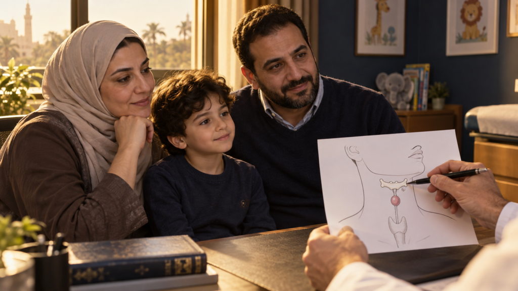 أسرة تستمع لشرح عملية سيسترنك للأطفال وعلاقة الكيس الدرقي اللساني بالعظم اللامي — صورة تعبيرية مولّدة