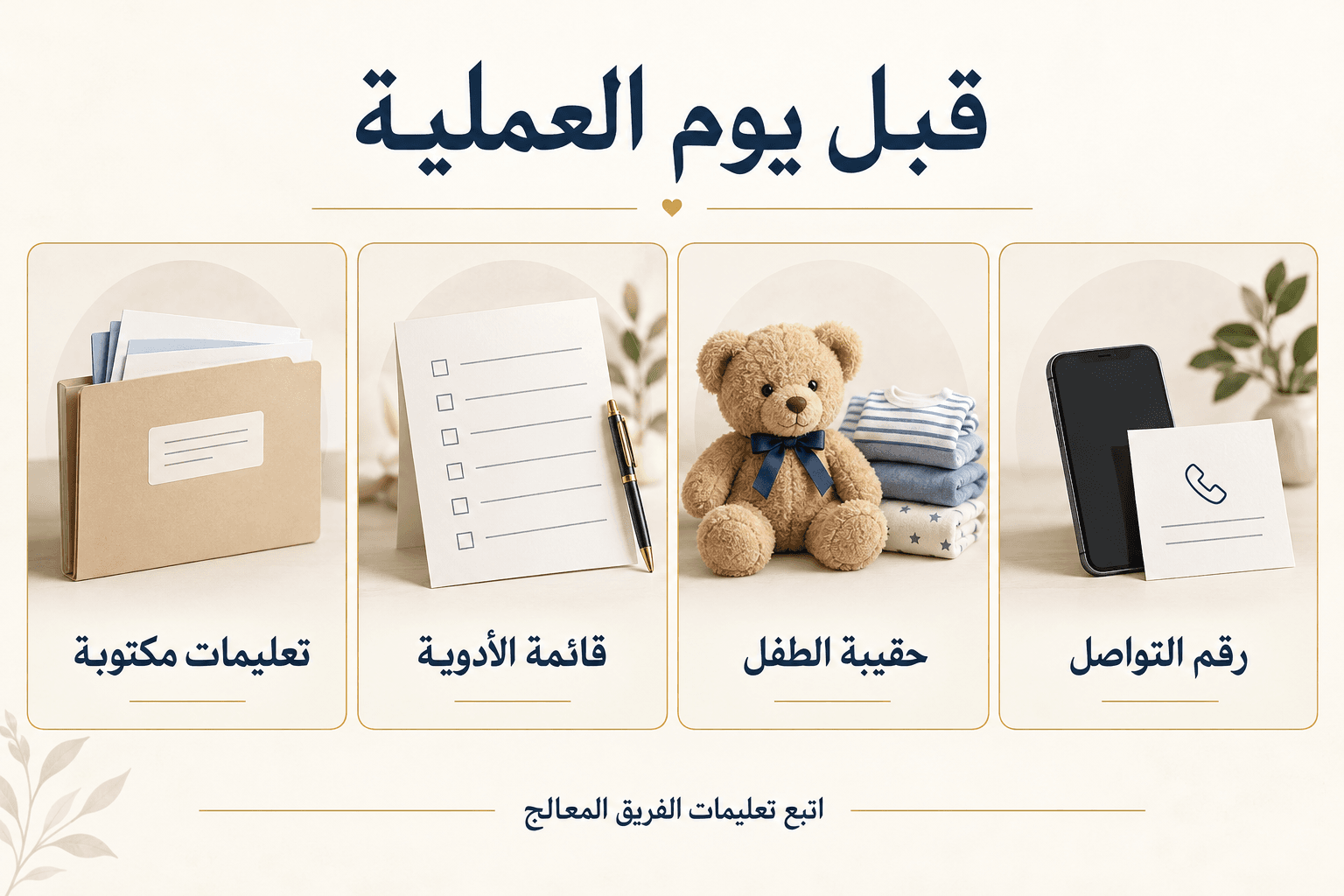 قائمة تجهيز الطفل للعملية الجراحية: تعليمات مكتوبة وقائمة الأدوية وحقيبة الطفل ورقم التواصل