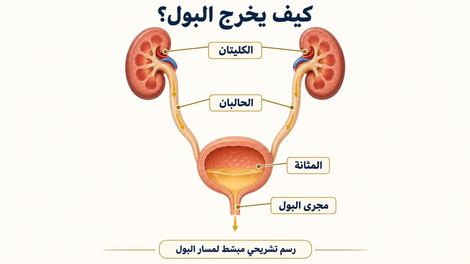رسم تشريحي لمسار البول عبر الكليتين والحالبين والمثانة ومجرى البول